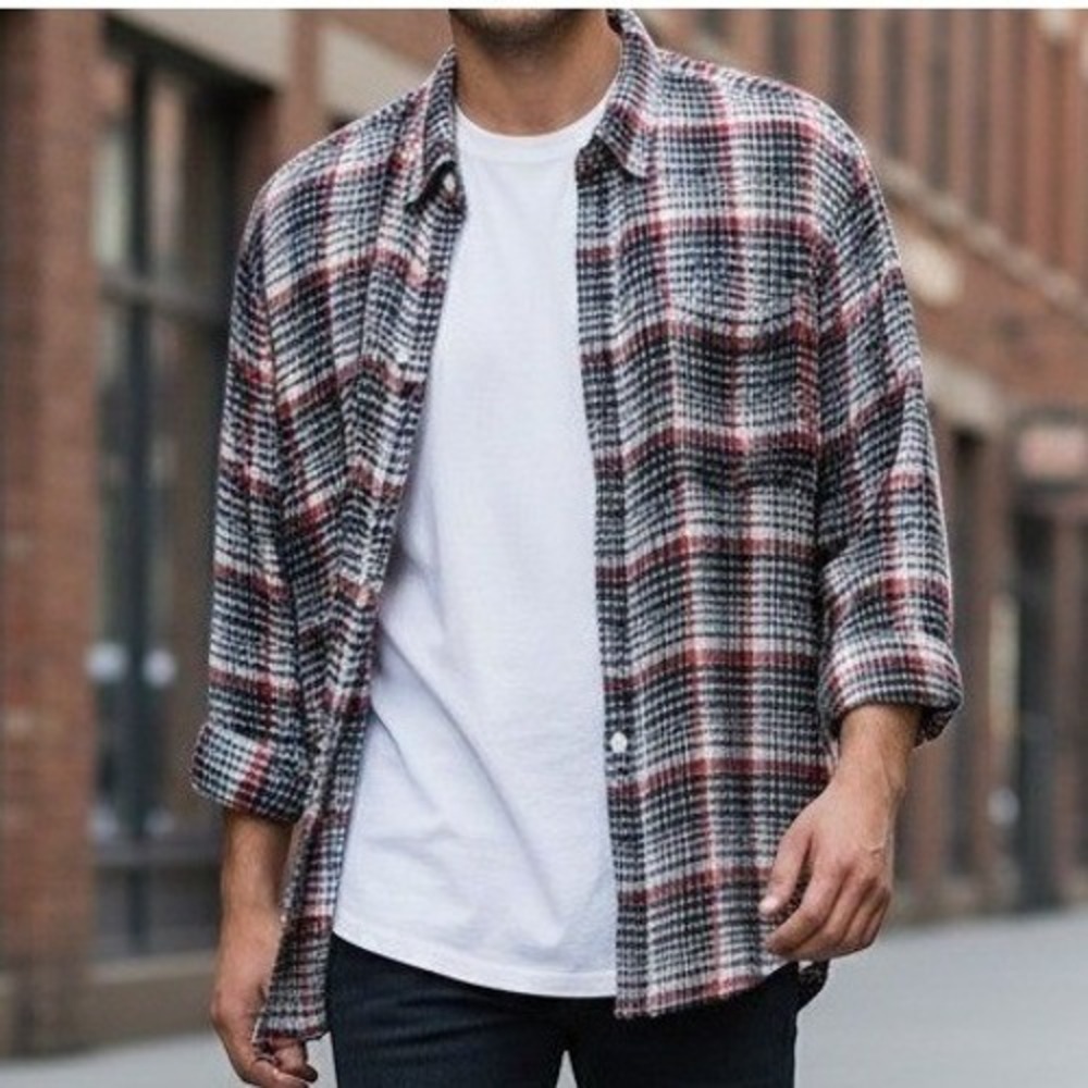 J.Crew Flannel Shirt Mens XL Slim Red Navy Blue Plaid Re-Imagined Cotton AI327